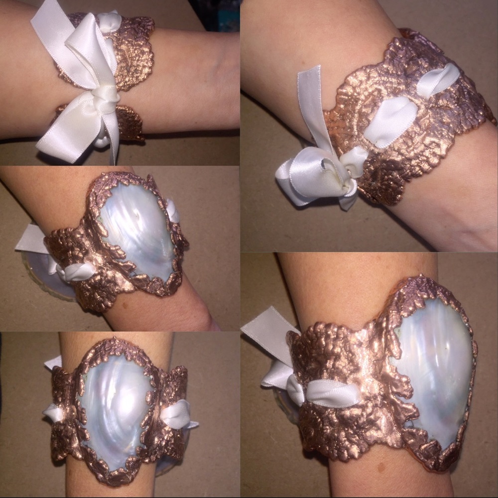 Giant Biwa Pearl & Lace Electroform Copper Cuff